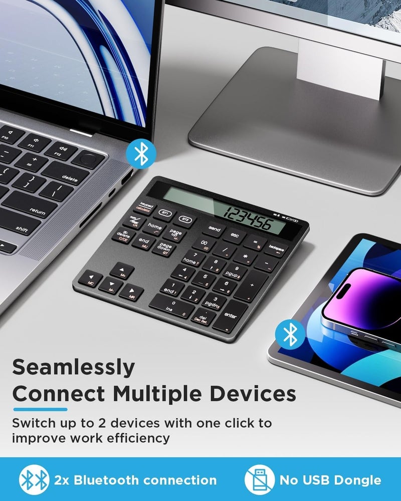 HoRiMe Number Pad for Laptop - Rechargeable Wireless Number Keypad 34 Keys with Dual Bluetooth, 2 in 1 Numeric Keypad Calculator with Display - Portable Slim Numpad for Windows, Mac, iMac, PC, Tablet - Image 5